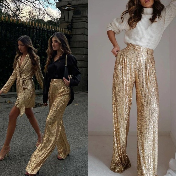 🎄24 HOUR SALE🎄 Goldmember Wide Leg Gold Sequin Pants - Picture 1 of 6